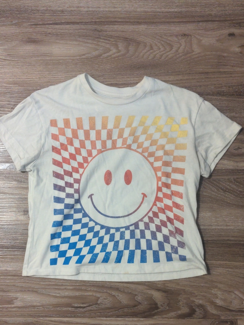 White Happy Face Multi Color T-Shirt w/ Rainbow Smiley Graphic Colorful Summer